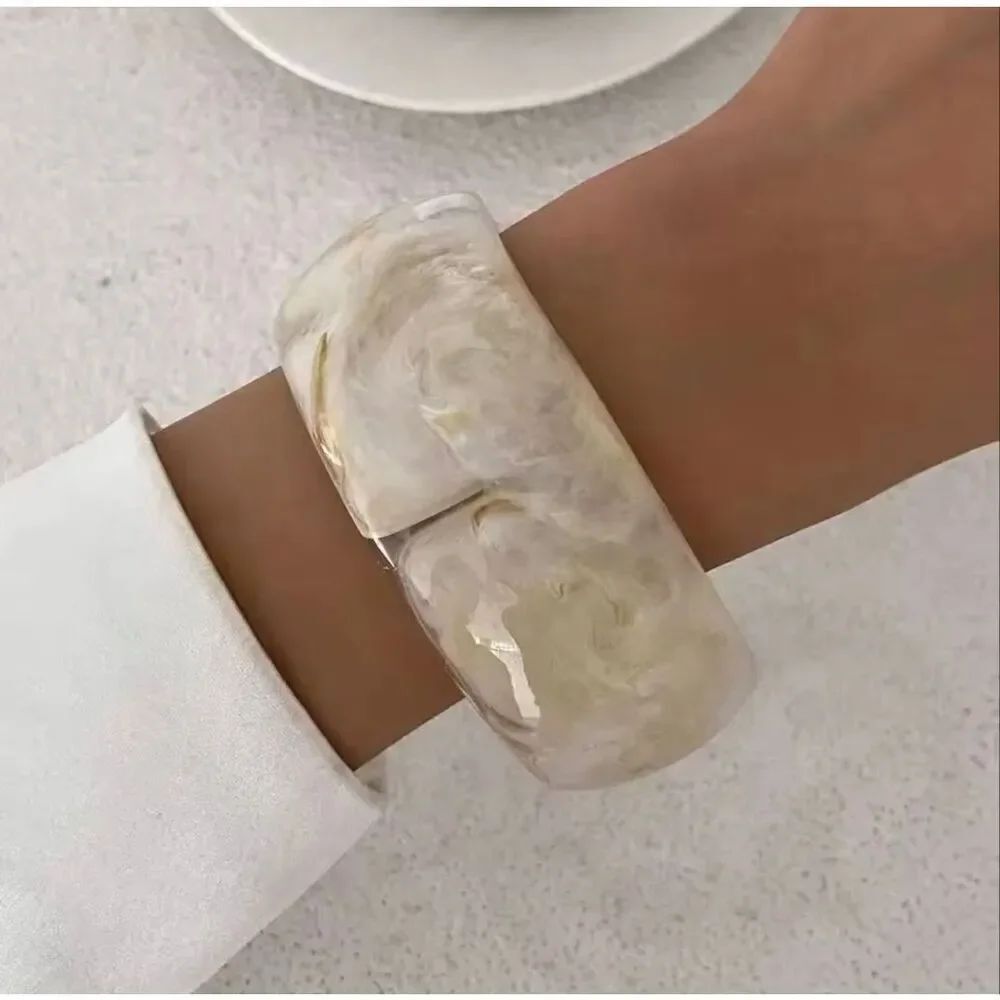 Chunky Marbled Resin Bangle Cream Ivory Yellow Swirl Statement Bracelet  Boho